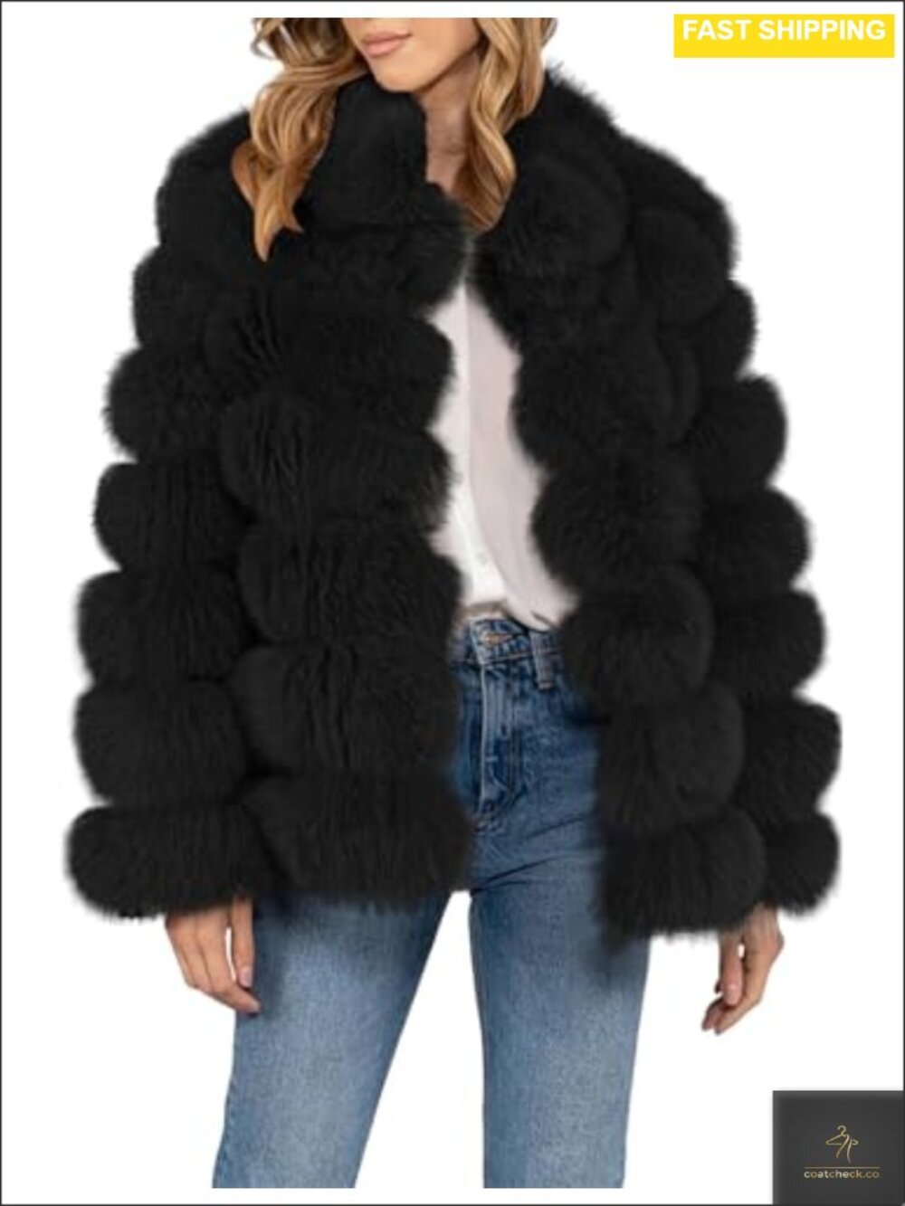 Womens Faux Fur Jacket Zip Up Loose Winter Coat with Pockets